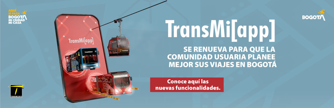 Una pantalla de un celular en la que sobresalen un bus biarticulado, un sitp y el cable y está la invitación a conocer las funciones de la TransmiApp.