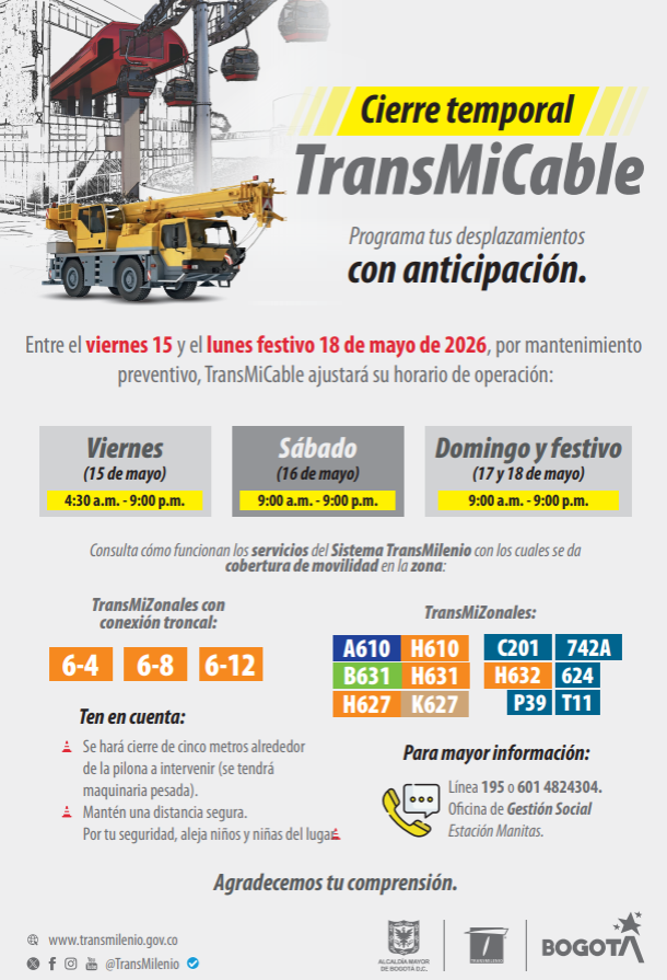 Imagen informativa sobre el cierre temporal de TransMiCable entre el 15 y 18 de mayo